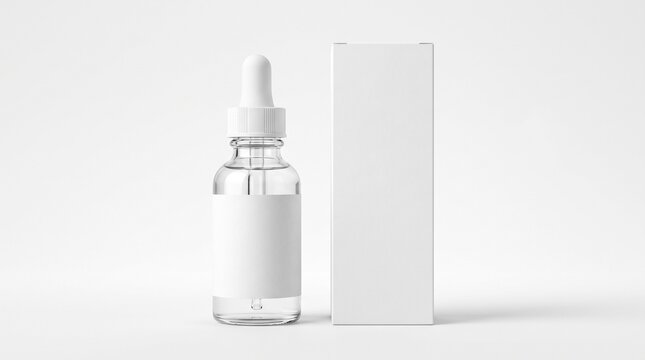 Blank cosmetic serum bottle with dropper and packaging box isolated on white background
