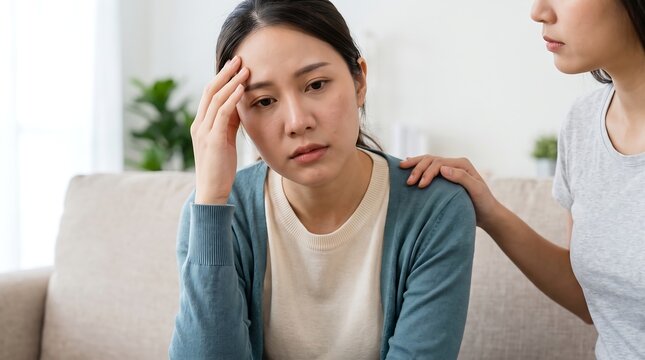 A woman is comforting her friend who is experiencing distress and holding her head.