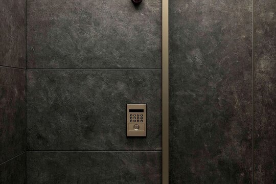 Modern dark gray stone tile wall with a metal keypad access control system and vertical panel trim