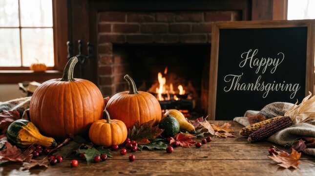 Rustic thanksgiving fireplace mantel with pumpkins and sign