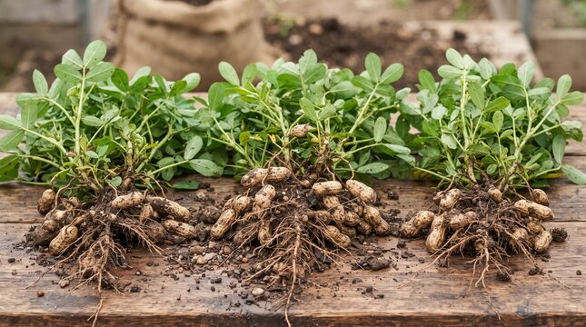 Freshly harvested peanuts displayed with green plants and exposed roots, revealing the natural growth process through a detailed agricultural and botanical composition.