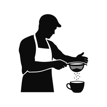 A male barista wearing an apron sifting coffee grounds into a ceramic cup
