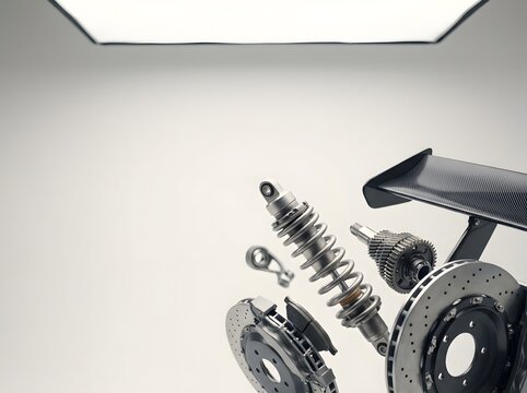 High-performance automotive components including suspension coilover shock absorber, ventilated disc brakes, transmission gears, and carbon fiber rear spoiler in a studio setting.