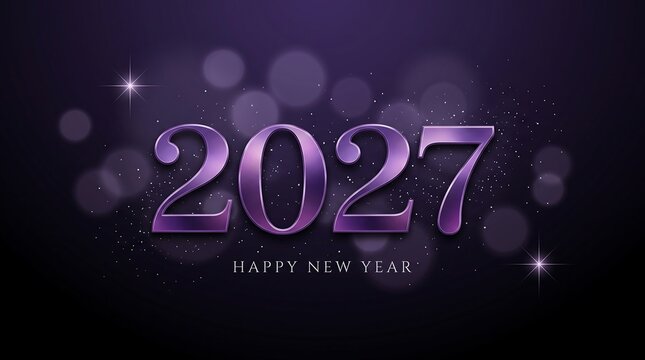 Happy new year 2027 celebration with sparkling purple glitter and festive background