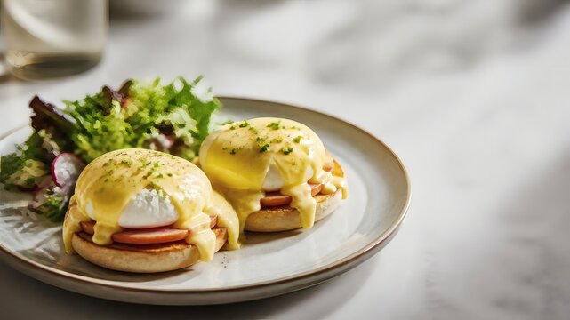 Eggs benedict on white plate