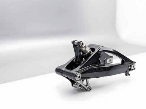 High-performance carbon fiber motorcycle rear swingarm and suspension assembly with integrated shock absorber and titanium hardware, isolated on a white studio background.