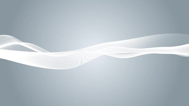 Abstract white flowing wave formed by smooth wireframe lines on a light gray background. The minimalist composition represents sound waves, data flow