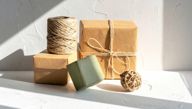 Sustainable gift boxes and twine in natural light.