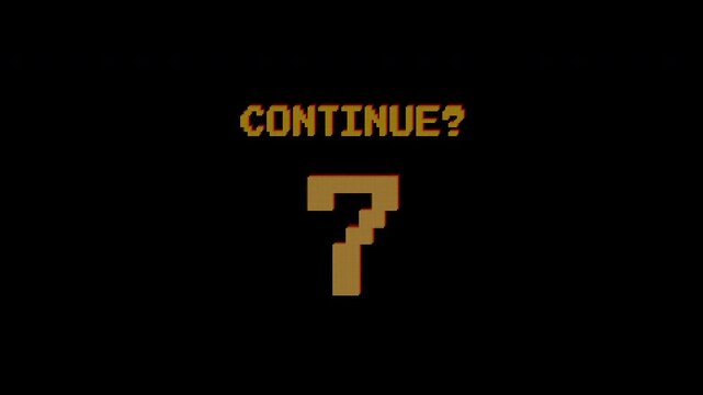 Classic pixel art countdown with CONTIUE? text in 8bit style animation isolated alpha channel.