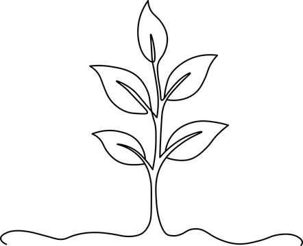 Continuous one line drawing of a growing plant with leaves on soil. Concept of growth, nature, life, and environmental sustainability.