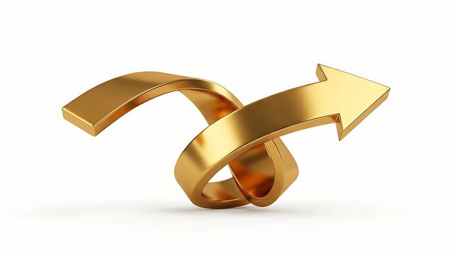 Shiny gold arrow with a twisted, coiled loop shape pointing to the right, isolated on a clean white background, 3 d render