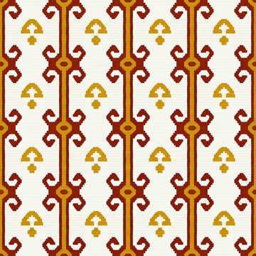 Ram Horn Column Seamless Pattern in Rust and Mustard Kilim Geometric Textile Background