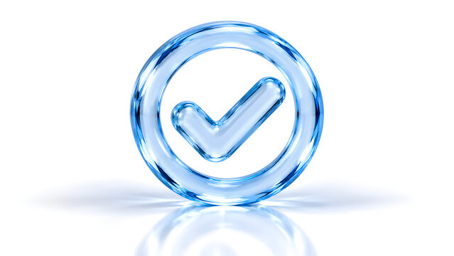 Glass check mark symbol inside a circle, isolated on white background