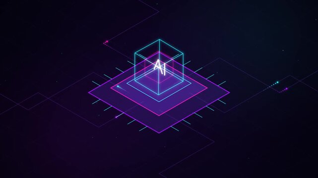 Futuristic AI Animation featuring Glowing Geometric Cube and Digital Neural Network on Dark Grid