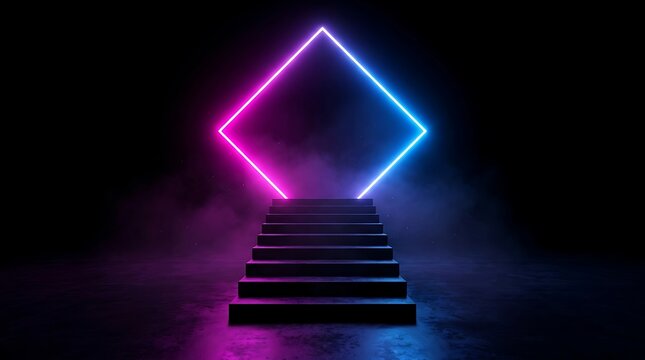 Staircase leading to a glowing neon diamond frame, vibrant pink and blue light against a dark background, with swirling mist, and fog