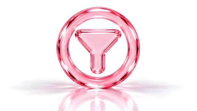 3d render of a glossy pink glass funnel icon inside a circular frame isolated on white background
