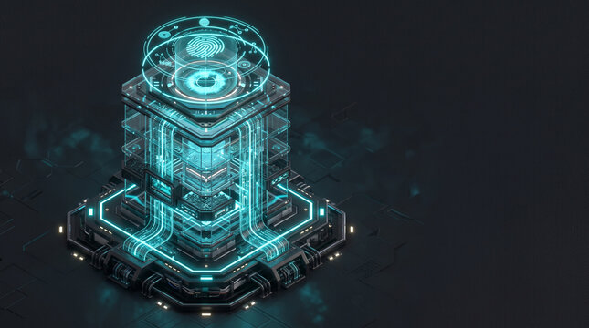 Isometric 3D render of layered glass cryptographic vault core aligning glowing cyan biometric rings with secure data channels on dark charcoal backdrop with copy space