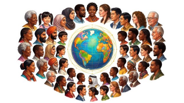 Diverse group of people from around the world with earth globe