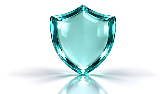 3d render of a glossy turquoise glass shield icon isolated on white background