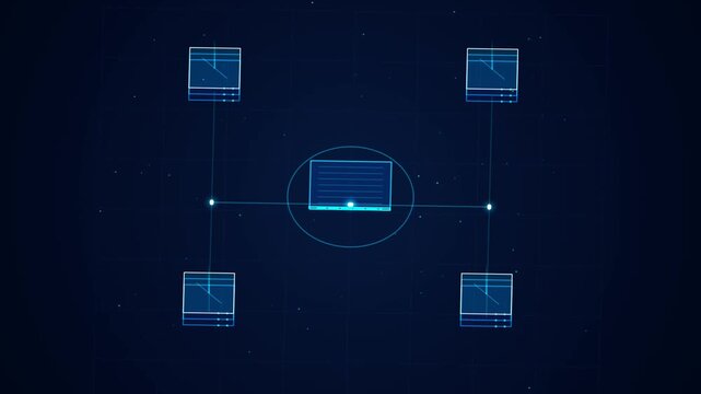 Futuristic cyber security network animation of a digital laptop hologram connected to data servers