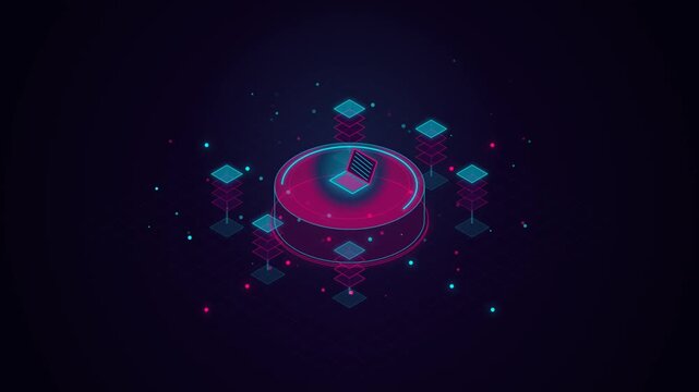 Futuristic Digital Data Server Infrastructure Node Animation with Glowing Neon Laptop Tech UI Graphi