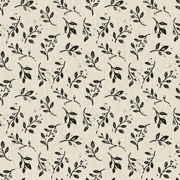 Leaf and Bud Sprig Seamless Pattern in Black and Natural Linen Block Print Textile Background