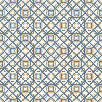 Carved Lattice Outline Seamless Pattern in Dusty Blue and Sand Block Print Textile Background