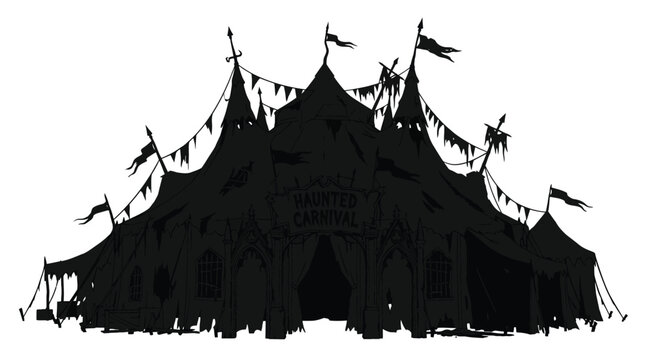 Spooky haunted carnival tent silhouette featuring tattered fabric and flags isolated on a clean white background