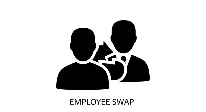 Black silhouette icon of an employee swap with circular arrows isolated on a white background