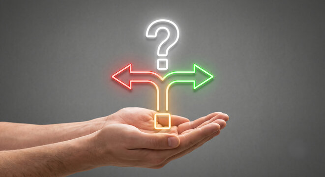 A human hand holding a glowing neon sign showing two opposite directions with a question mark above the choice. Concept of direction choose.
