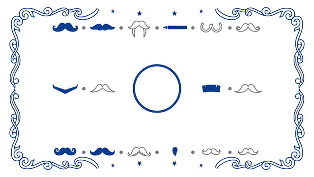 Flat vector illustration set of mustache icons in various styles with decorative ribbon ornament bor