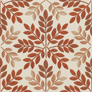 Radiating Leaf Spray Seamless Pattern in Terracotta and Oat Suzani Embroidery Textile Background