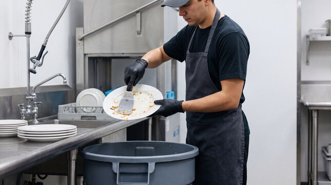 Catering staff clearing food scraps into commercial waste bin