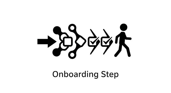 Black icon of a user onboarding process flow with checkmarks and a walking person on white background