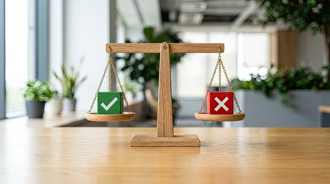 Wooden balance scale comparing a green check mark and a red cross sign with decision comparison business judgment