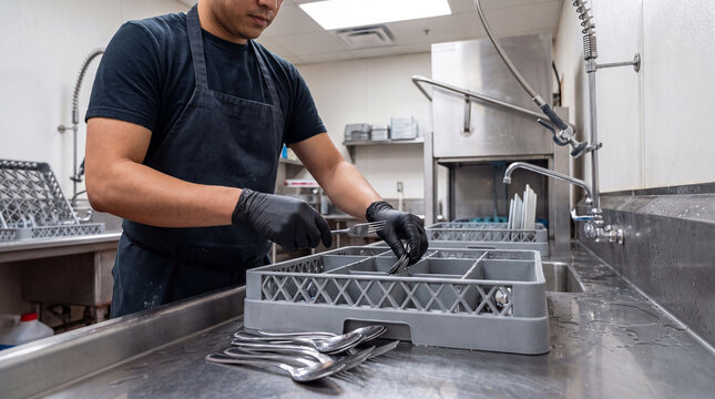 Restaurant employee organizing silverware in dishwashing rack