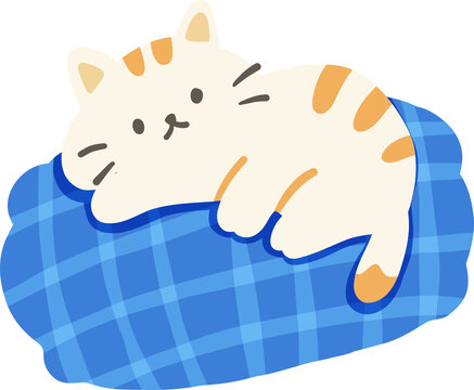 Cute tabby cat lying on blue plaid cushion vector illustration isolated on transparent background.