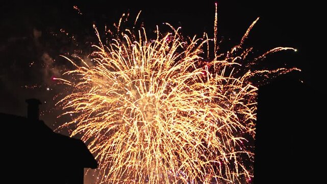 Spectacular Golden Fireworks Filling Night Sky During Grand Finale Of Pyrotechnic Show. Festive Celebration For New Year, Christmas, Holiday And Festival Events.