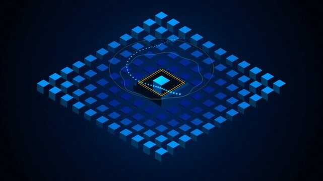 Futuristic isometric microchip CPU on blue cube grid with glowing orbit data stream loop