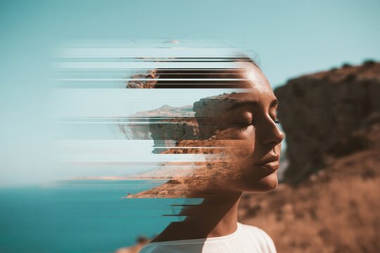 Surreal portrait of a young woman blending with coastal landscape scenery featuring pixel glitch effect