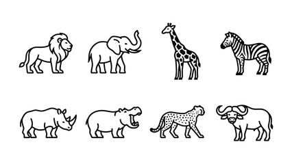 Fototapeta premium African Safari Icons: A collection of stylized black and white line art icons representing iconic African wildlife, including a lion, elephant, giraffe, zebra, rhinoceros, hippopotamus, cheetah.
