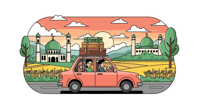 Family driving home for Eid al-Fitr holiday in car.