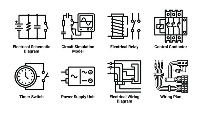 Electrical Diagrams Collection: A set of vector icons representing various electrical components and diagrams, including schematic, circuit simulation, relay, contactor, timer switch, power supply.