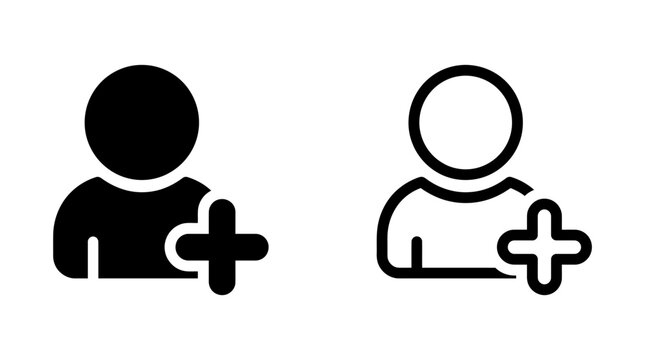 Add user icon set with solid and outline style person symbol and plus sign for profile interface design