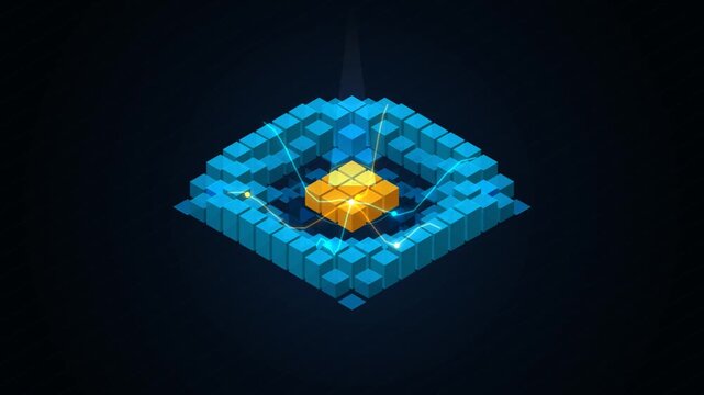 Isometric Digital Data Processing Visualization with Glowing Blue Cubes and Central Yellow Core Grid