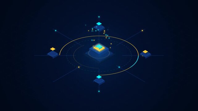 Isometric futuristic technology microchip processor glowing on dark background with data nodes
