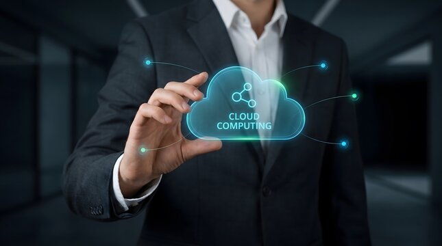 Businessman in suit interacting with a digital cloud computing interface for secure data storage and management