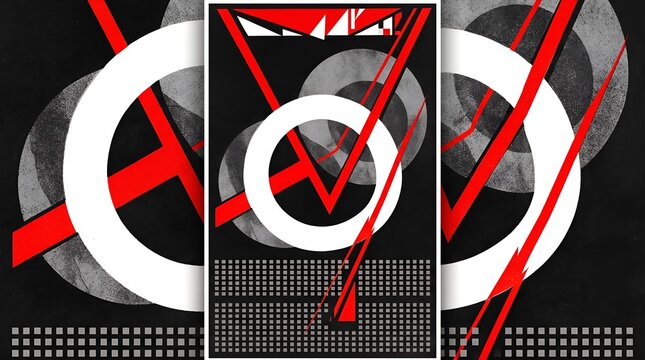 Constructivist geometric abstract art, red and white circular shapes on black background, avant-garde graphic design poster with industrial aesthetic