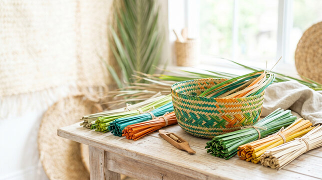 Traditional basket weaving palm fiber with colorful woven basket  