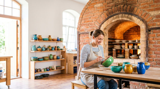 Young woman painting pottery in traditional kiln studio interior  